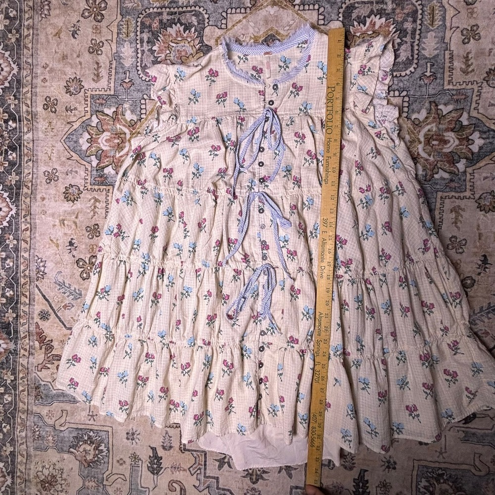 Free People Floral Cross Stitch Tiered Mini Dress Cream Boho Medium Cottage Core - Picture 11 of 16